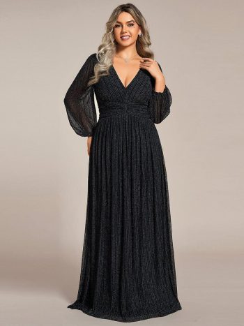 Plus Size Dazzling Empire Waist See-Through Long Sleeves A-Line Evening Dress - Black