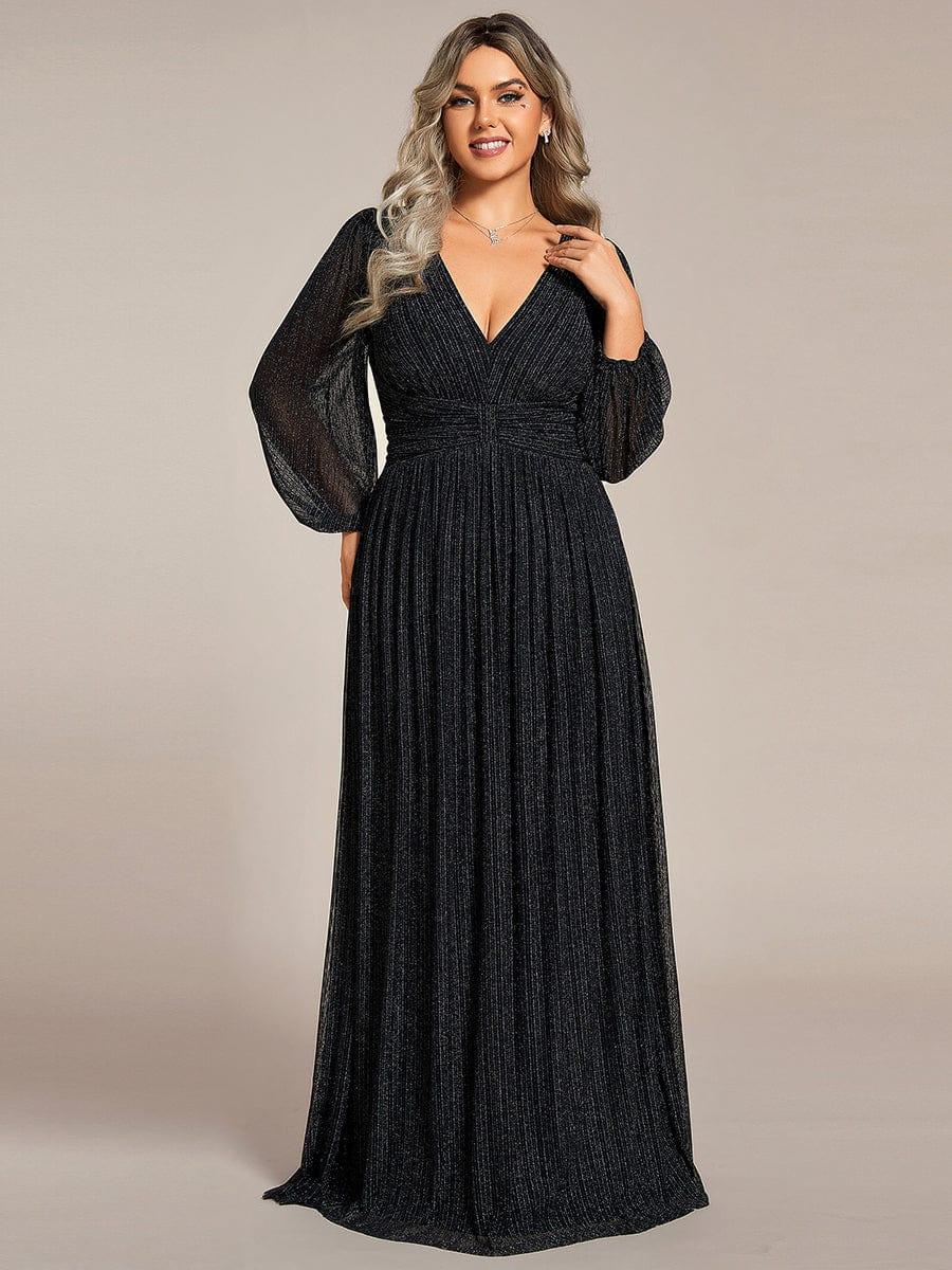 Plus Size Dazzling Empire Waist See-Through Long Sleeves A-Line Evening Dress - Black Plus Size Dazzling Empire Waist See-Through Long Sleeves A-Line Evening Dress - Black