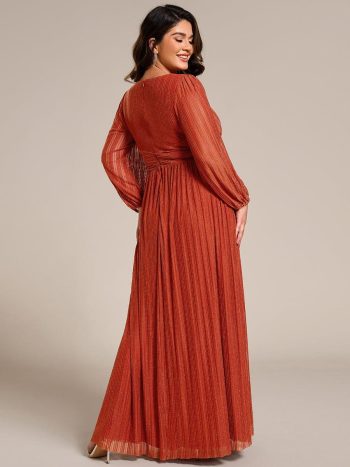 Plus Size Dazzling Empire Waist See-Through Long Sleeves A-Line Evening Dress - Burnt Orange