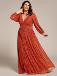 Plus Size Dazzling Empire Waist See-Through Long Sleeves A-Line Evening Dress - Burnt Orange