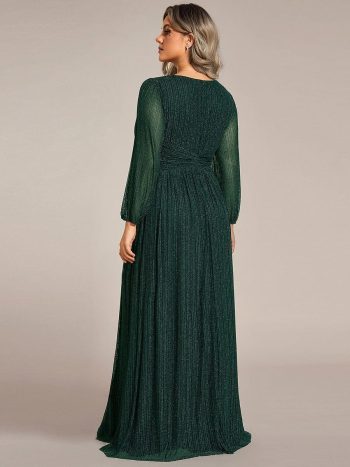 Plus Size Dazzling Empire Waist See-Through Long Sleeves A-Line Evening Dress - Dark Green