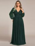Plus Size Dazzling Empire Waist See-Through Long Sleeves A-Line Evening Dress - Dark Green