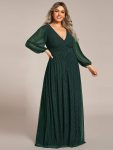 Plus Size Dazzling Empire Waist See-Through Long Sleeves A-Line Evening Dress – Dark Green