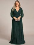 Plus Size Dazzling Empire Waist See-Through Long Sleeves A-Line Evening Dress – Dark Green