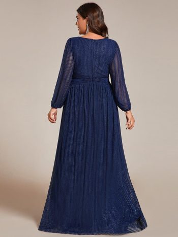 Plus Size Dazzling Empire Waist See-Through Long Sleeves A-Line Evening Dress - Navy Blue