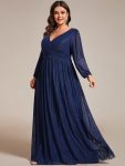 Plus Size Dazzling Empire Waist See-Through Long Sleeves A-Line Evening Dress – Navy Blue