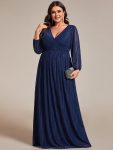 Plus Size Dazzling Empire Waist See-Through Long Sleeves A-Line Evening Dress – Navy Blue
