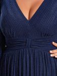Plus Size Dazzling Empire Waist See-Through Long Sleeves A-Line Evening Dress – Navy Blue
