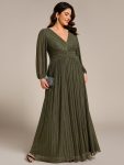 Plus Size Dazzling Empire Waist See-Through Long Sleeves A-Line Evening Dress – Olive Green