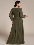 Plus Size Dazzling Empire Waist See-Through Long Sleeves A-Line Evening Dress – Olive Green