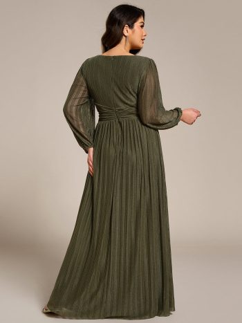 Plus Size Dazzling Empire Waist See-Through Long Sleeves A-Line Evening Dress - Olive Green