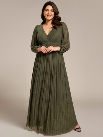 Plus Size Dazzling Empire Waist See-Through Long Sleeves A-Line Evening Dress - Olive Green