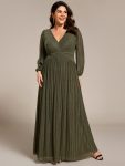 Plus Size Dazzling Empire Waist See-Through Long Sleeves A-Line Evening Dress – Olive Green