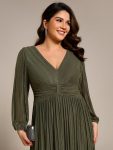 Plus Size Dazzling Empire Waist See-Through Long Sleeves A-Line Evening Dress – Olive Green