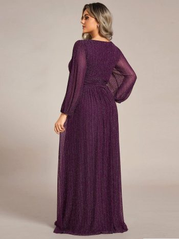 Plus Size Dazzling Empire Waist See-Through Long Sleeves A-Line Evening Dress - Purple Wisteria
