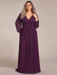 Plus Size Dazzling Empire Waist See-Through Long Sleeves A-Line Evening Dress – Purple Wisteria
