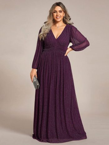 Plus Size Dazzling Empire Waist See-Through Long Sleeves A-Line Evening Dress - Purple Wisteria