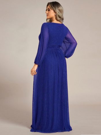 Plus Size Dazzling Empire Waist See-Through Long Sleeves A-Line Evening Dress - Sapphire Blue