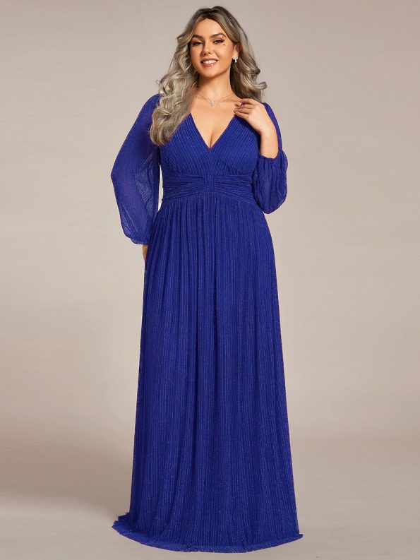 Plus Size Dazzling Empire Waist See-Through Long Sleeves A-Line Evening Dress - Sapphire Blue