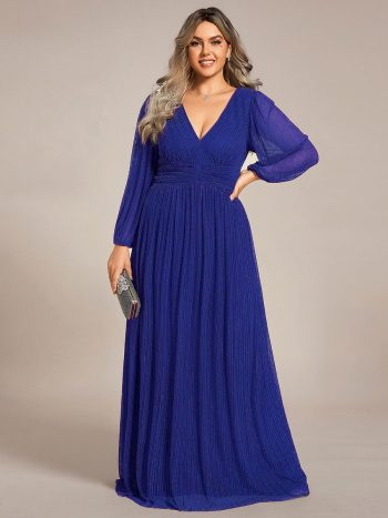 Plus Size Dazzling Empire Waist See-Through Long Sleeves A-Line Evening Dress - Sapphire Blue