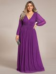 Plus Size Dazzling Empire Waist See-Through Long Sleeves A-Line Evening Dress - Sparkling Grape