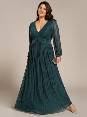 Plus Size Dazzling Empire Waist See-Through Long Sleeves A-Line Evening Dress - Teal