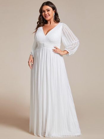Plus Size Dazzling Empire Waist See-Through Long Sleeves A-Line Evening Dress - White