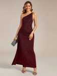 Glitter One-Shoulder Slit Evening Dress – Burgundy