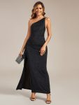 Glitter One-Shoulder Slit Evening Dress - Black