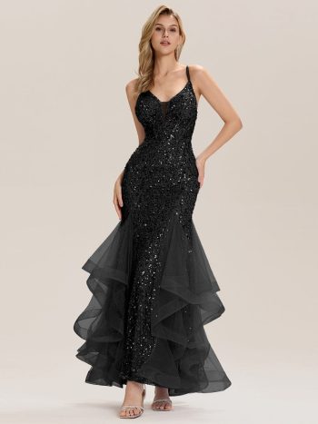 Tie Back Sequin Mermaid Evening Dress - Black