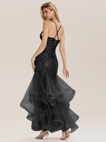 Tie Back Sequin Mermaid Evening Dress - Black