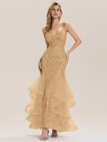 Tie Back Sequin Mermaid Evening Dress - Gold