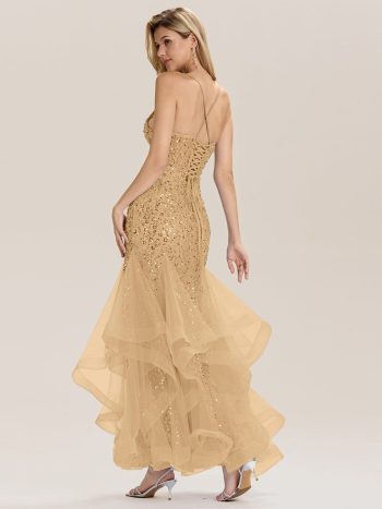 Tie Back Sequin Mermaid Evening Dress - Gold