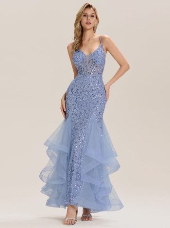 Tie Back Sequin Mermaid Evening Dress - Light Blue