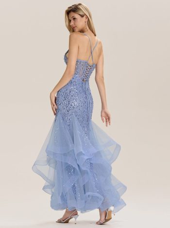 Tie Back Sequin Mermaid Evening Dress - Light Blue