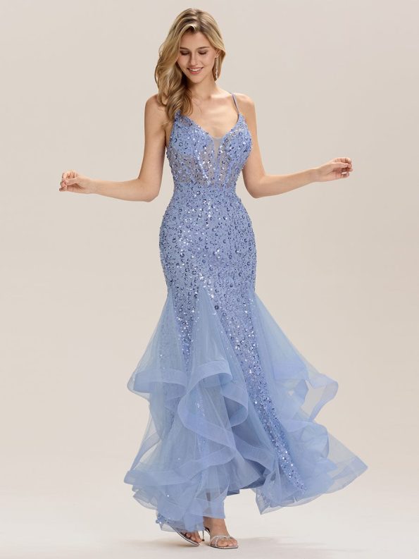 Tie Back Sequin Mermaid Evening Dress - Light Blue