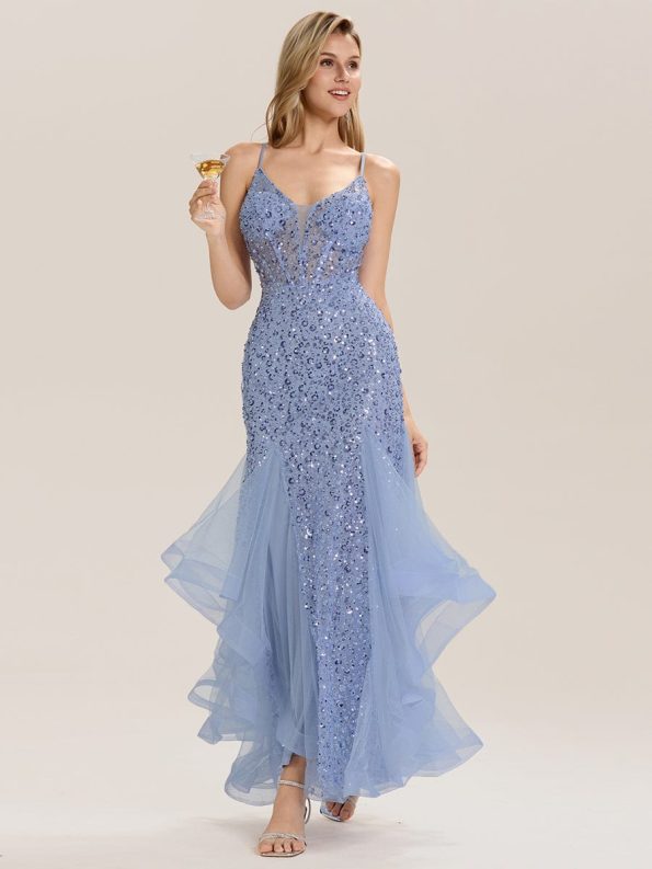 Tie Back Sequin Mermaid Evening Dress - Light Blue