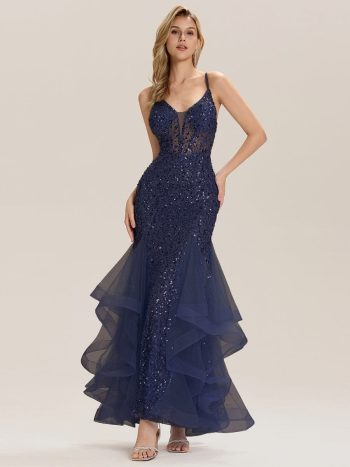 Tie Back Sequin Mermaid Evening Dress - Navy Blue