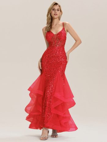 Tie Back Sequin Mermaid Evening Dress - Red