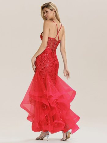 Tie Back Sequin Mermaid Evening Dress - Red