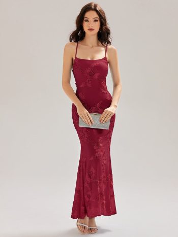 Lace-Up Mesh Mermaid Floral Dress - Burgundy