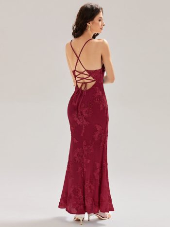 Lace-Up Mesh Mermaid Floral Dress - Burgundy