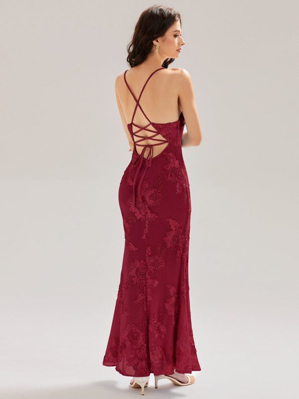 Lace-Up Mesh Mermaid Floral Dress - Burgundy