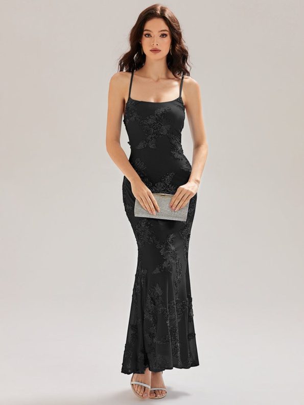 Lace-Up Mesh Mermaid Floral Dress - Black
