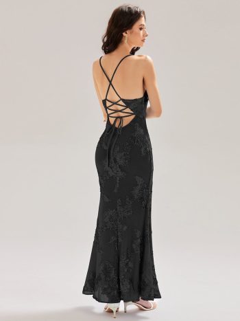 Lace-Up Mesh Mermaid Floral Dress - Black