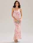 Lace-Up Mesh Mermaid Floral Dress - Pink