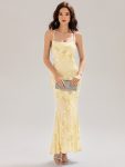 Lace-Up Mesh Mermaid Floral Dress - Yellow