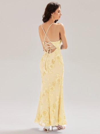 Lace-Up Mesh Mermaid Floral Dress - Yellow