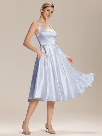 Elegant Satin Sleeveless Midi Dress with Pockets - Ice Blue