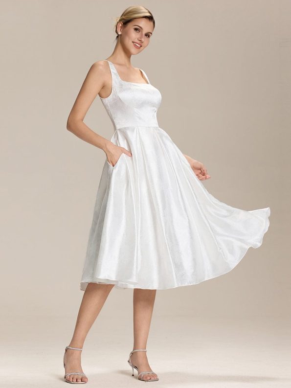 Elegant Satin Sleeveless Midi Dress with Pockets - White